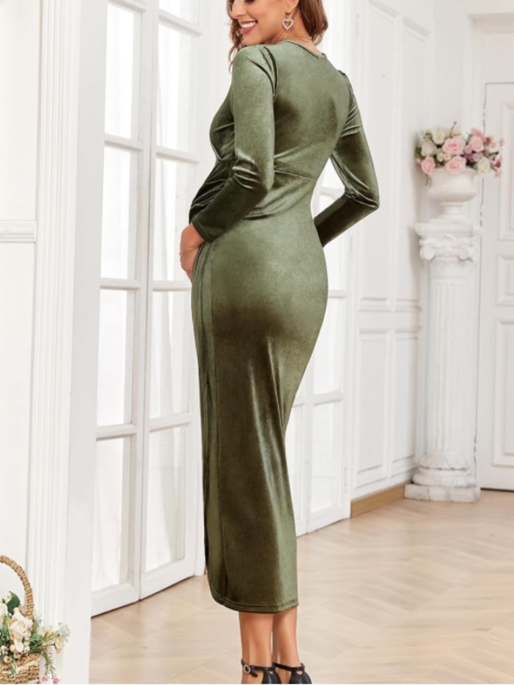AISWI Velvet Maternity Cocktail Dress Long Sleeves Pregnancy V Neck,Olive Green - Picture 3 of 7